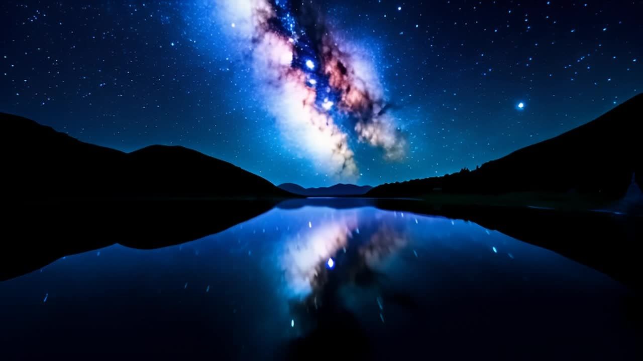 夜幕下，平静无波的湖面倒映着璀璨星空。银河清晰可见