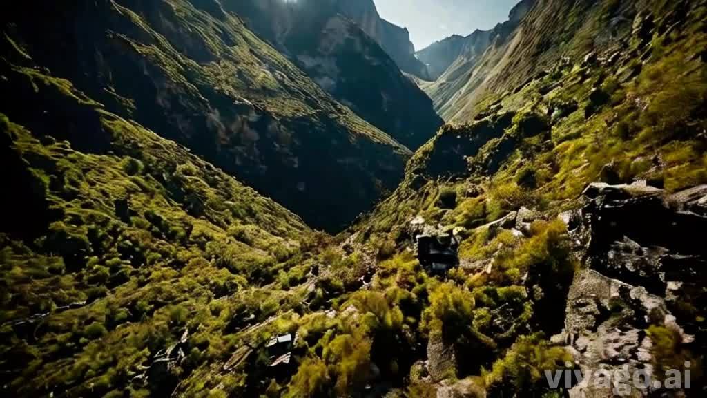 高耸的山峰连绵起伏，山谷间植被茂盛，阳光照射在山体