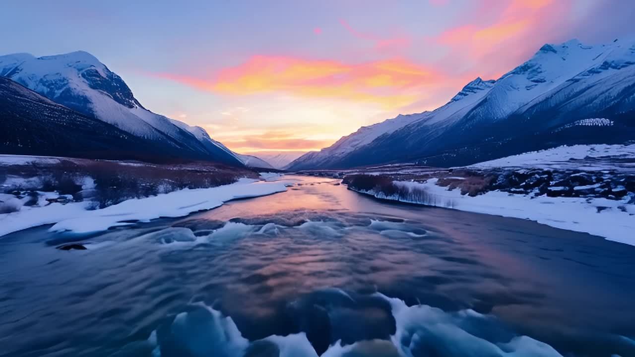 山川两侧覆盖着白雪，山峰高耸。溪水湍急地流淌着，水