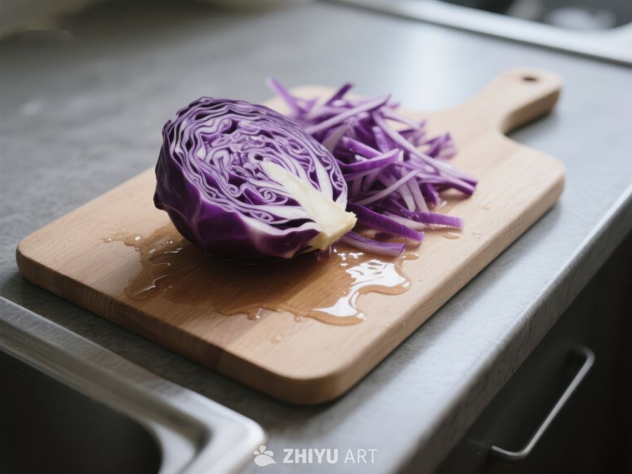 切开的紫甘蓝放在砧板上 290