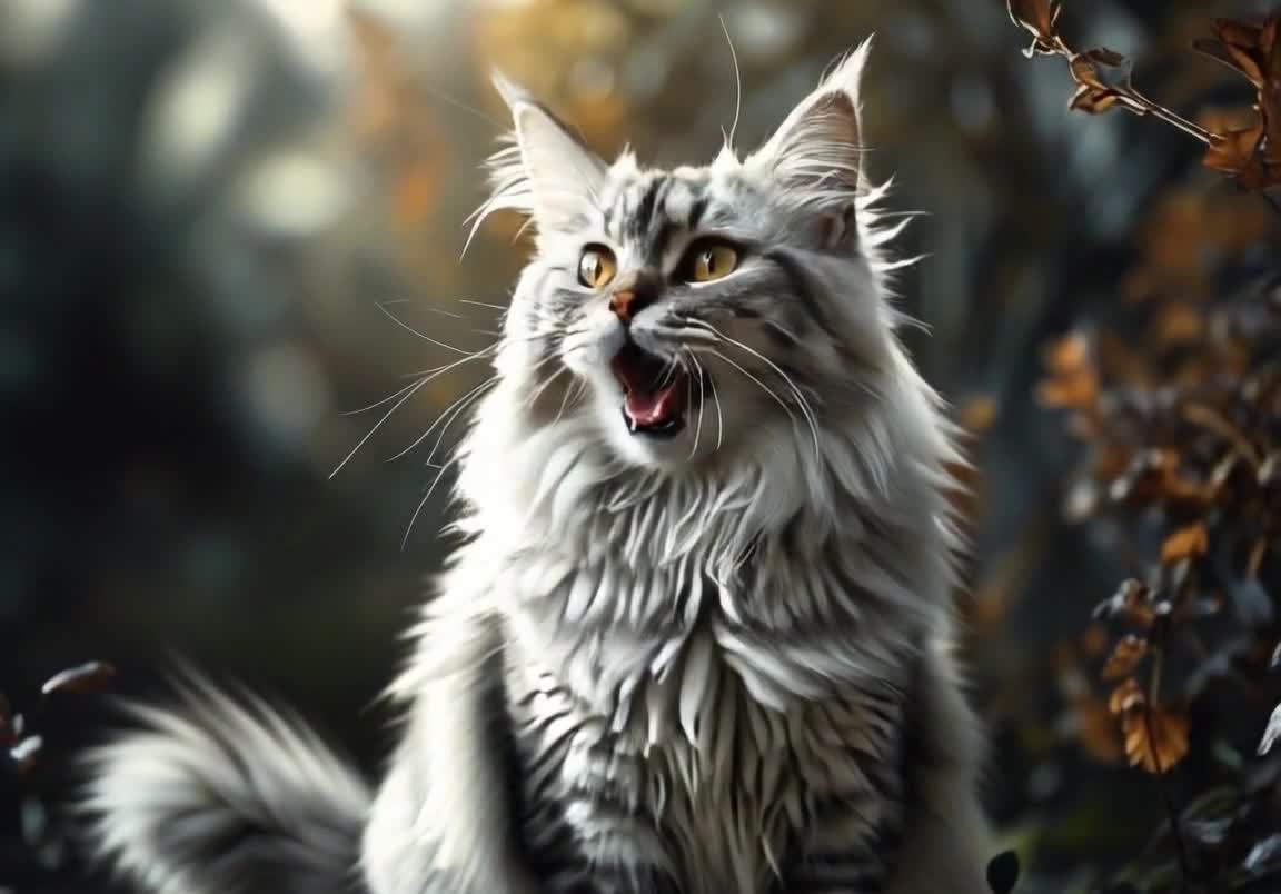 警惕的猫张嘴叫，毛发蓬松，眼神警惕。