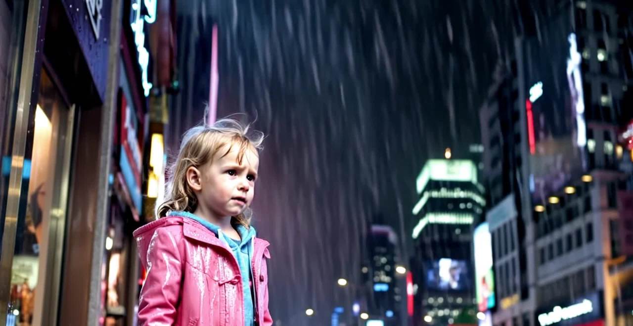 雨夜霓虹城市中的粉色外套女孩