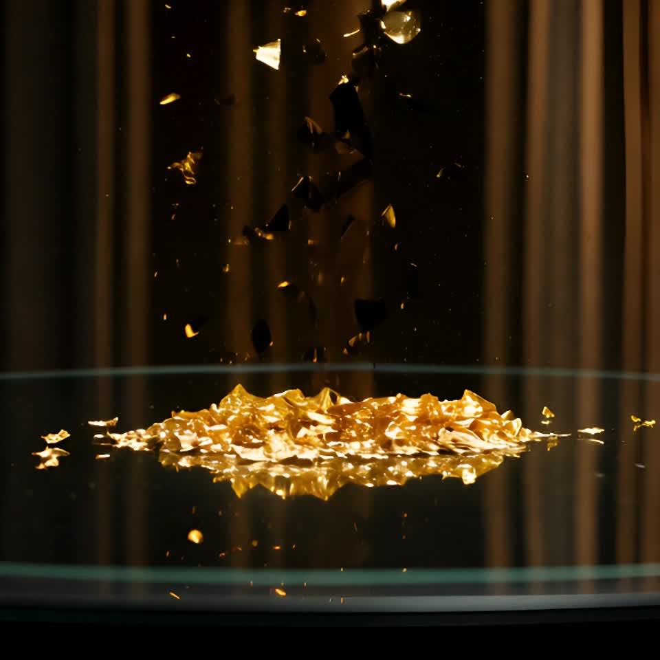 金箔碎片从空中落下，堆积在黑色玻璃表面。金箔的碎片