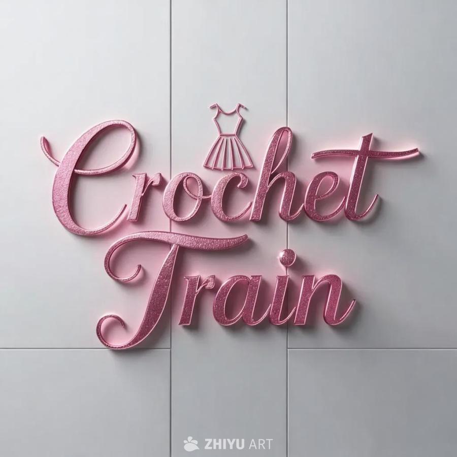 白色背景上，深粉色金属质感的艺术字“Crochet