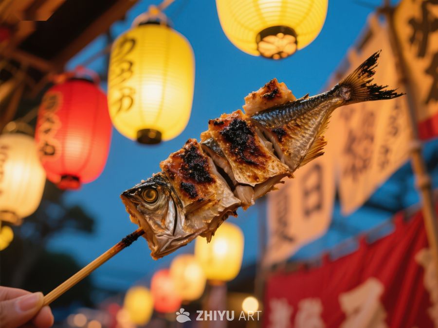 夜市烤鱼串，灯笼映衬美食 275