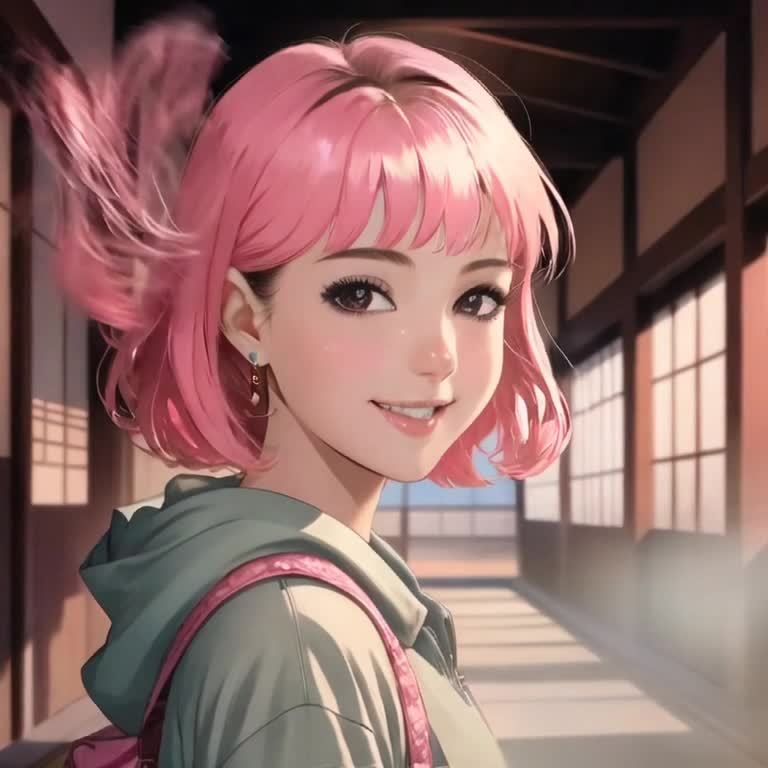 一位粉色短发的女子，戴着耳环，身穿浅绿色连帽外套和
