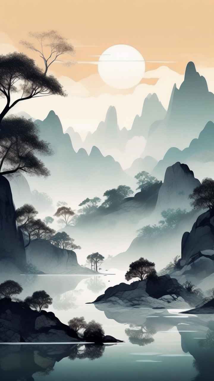 国风水彩画山水风景插画 65