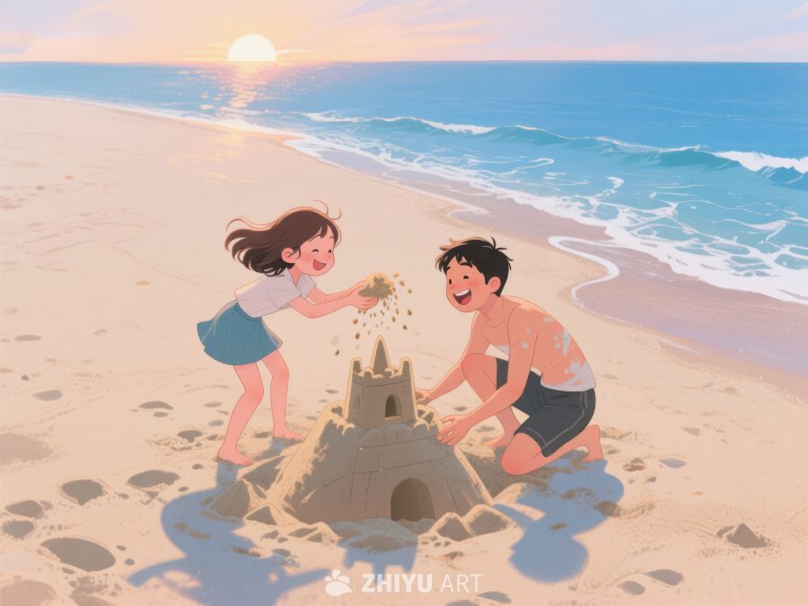 海滩上建造沙堡的两个孩子 303