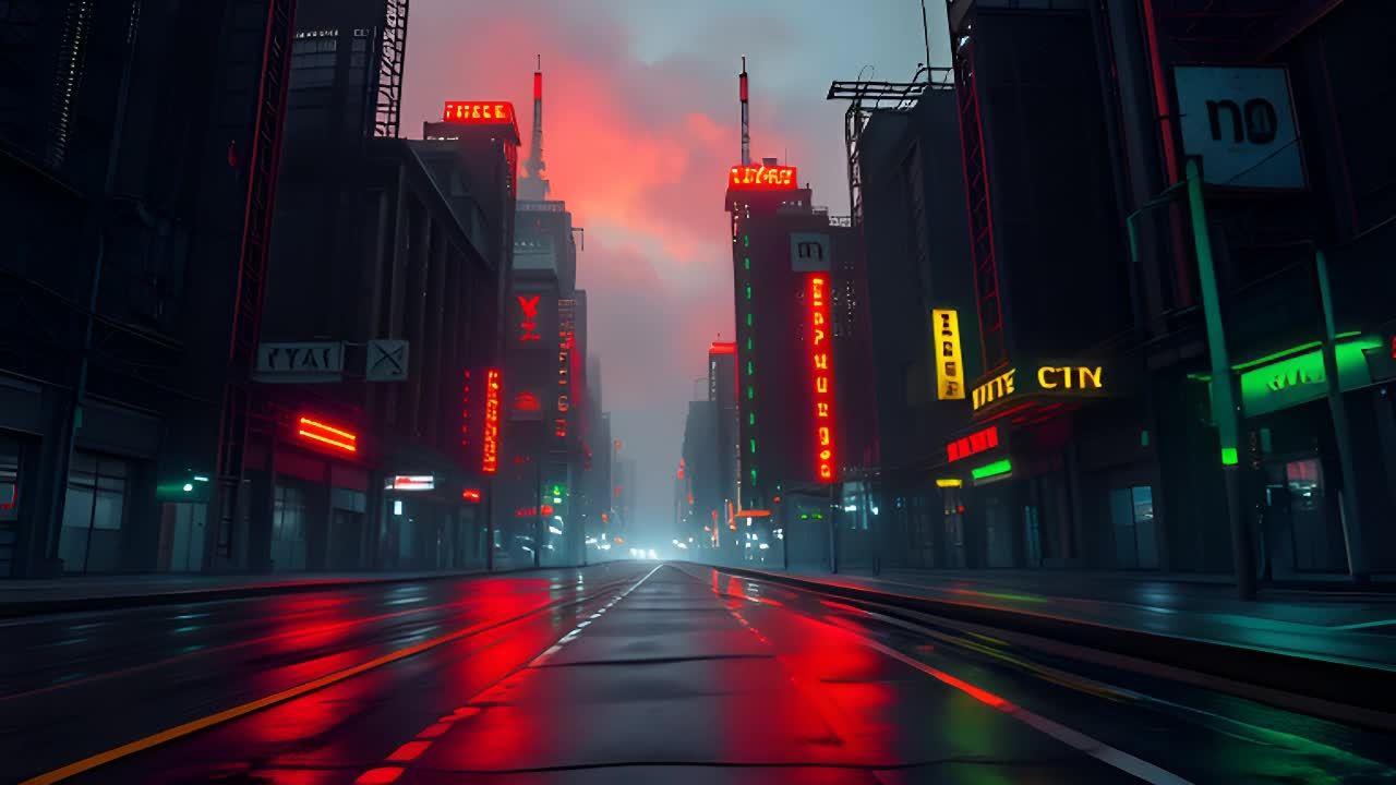 一条城市街道，两侧是高耸的建筑物。建筑物上装有红色