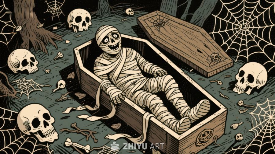 木乃伊躺在棺材中，周围散布骷髅