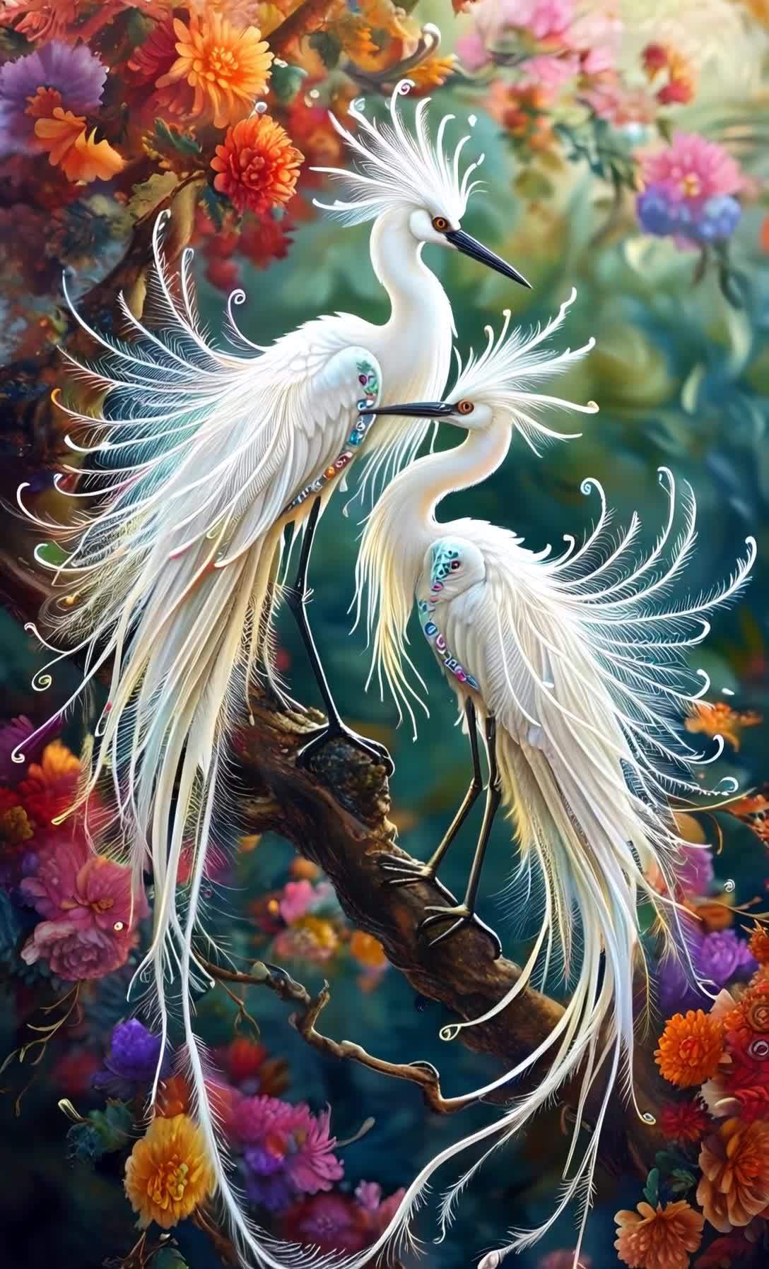 华丽白鸟与宝石羽毛及彩色花卉