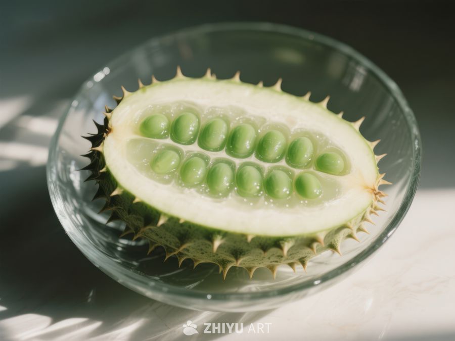 新鲜刺角瓜切片置于透明碗中 588