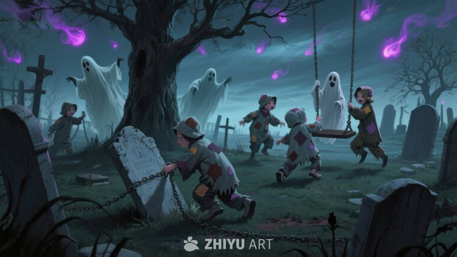 墓地夜景：幽灵与孩童的奇幻游戏