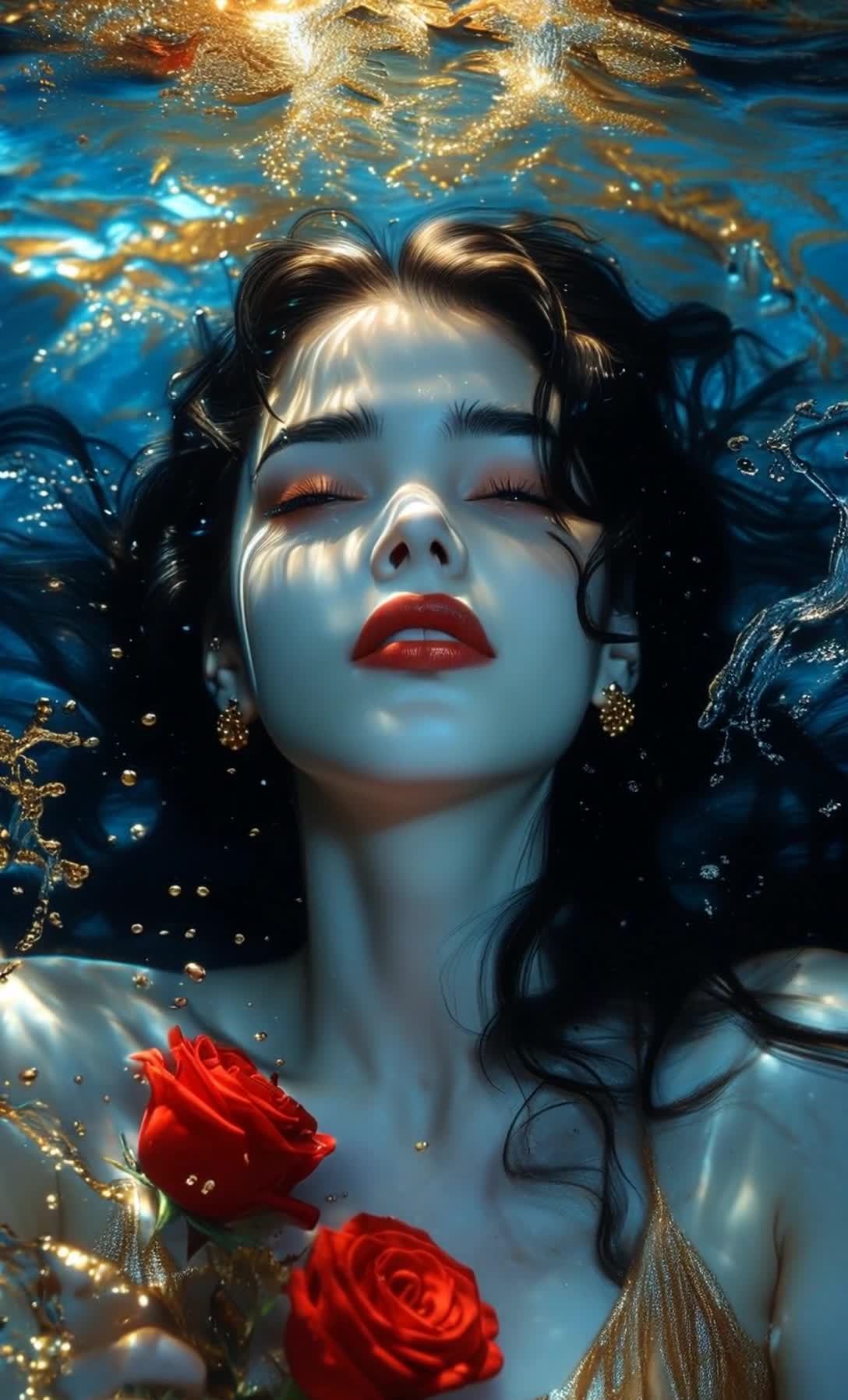 一名年轻女子仰面躺在水中，她闭着眼睛，脸上化着浓妆
