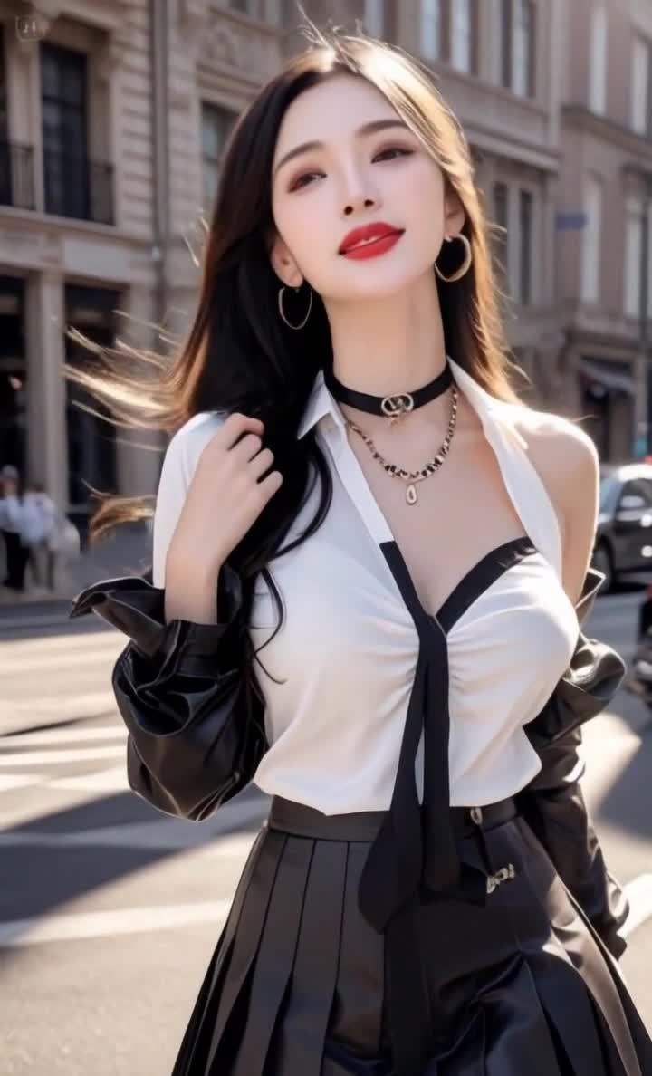 街头时尚美女，黑长发红唇，阳光下的微笑。