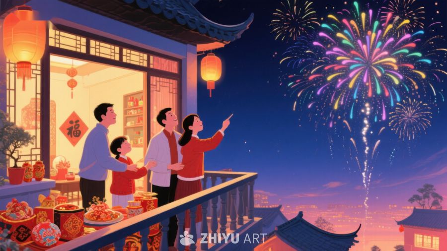 家人共赏烟花，欢庆节日 428