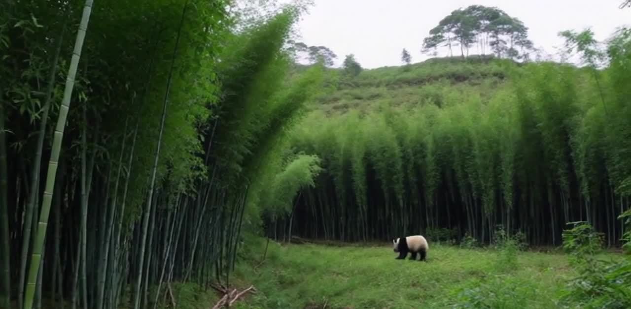 熊猫漫步于竹林边缘宁静草地，远山绿树环绕