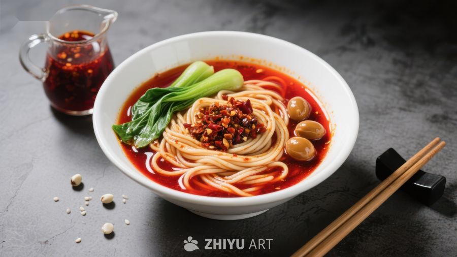 红油辣面配青菜和鹌鹑蛋