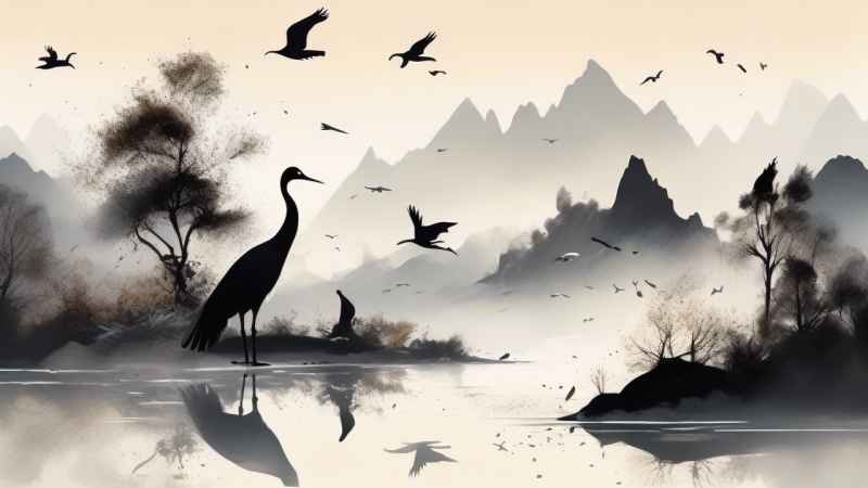 国风山水鹤插画背景 50