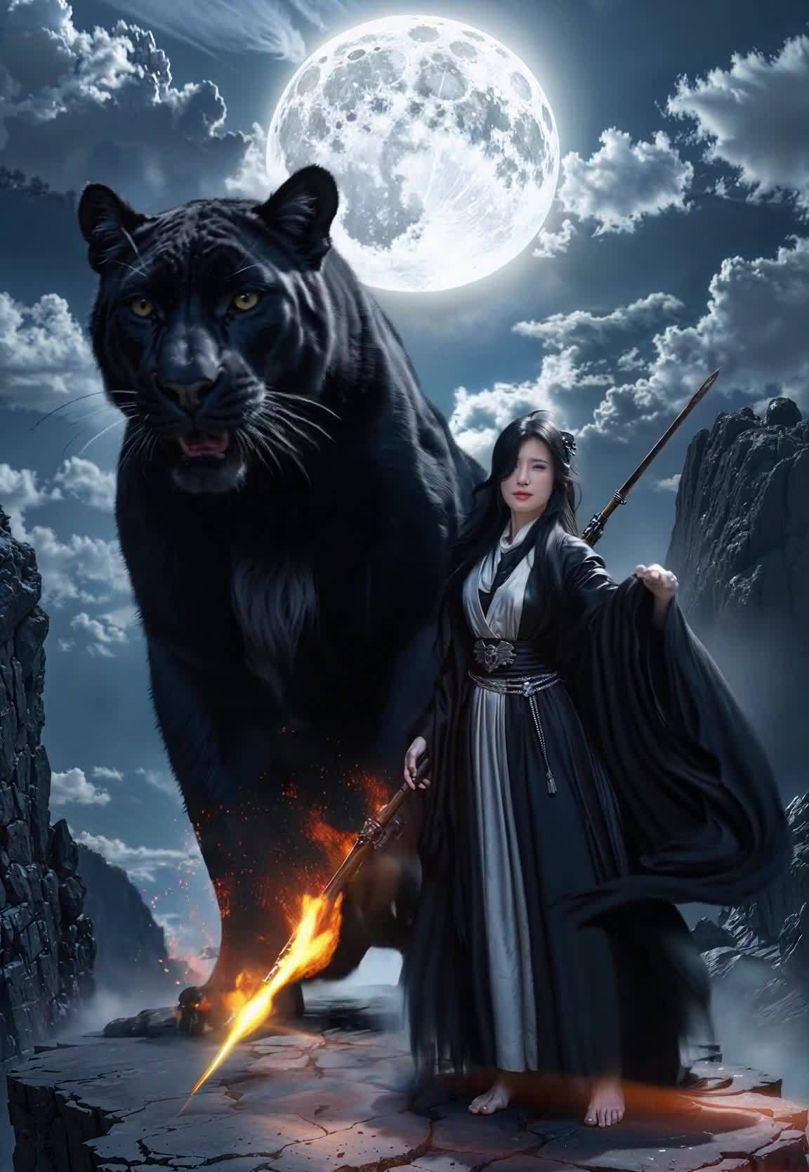 持火焰长矛的女子，与黑豹并肩作战，月夜奇幻场景
