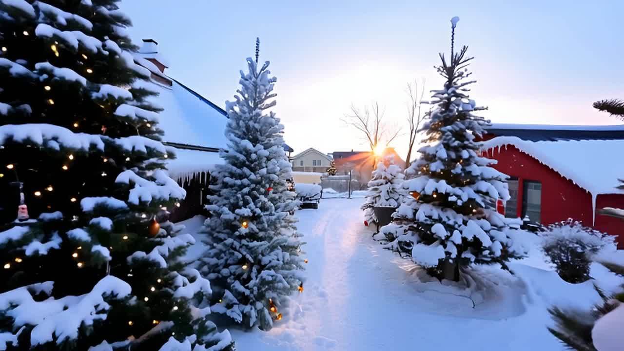 雪天，有圣诞树。树上装饰着灯和球。地面和树上覆盖着