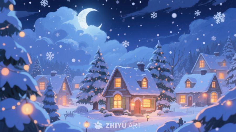 冬夜雪景中的温馨小屋 129