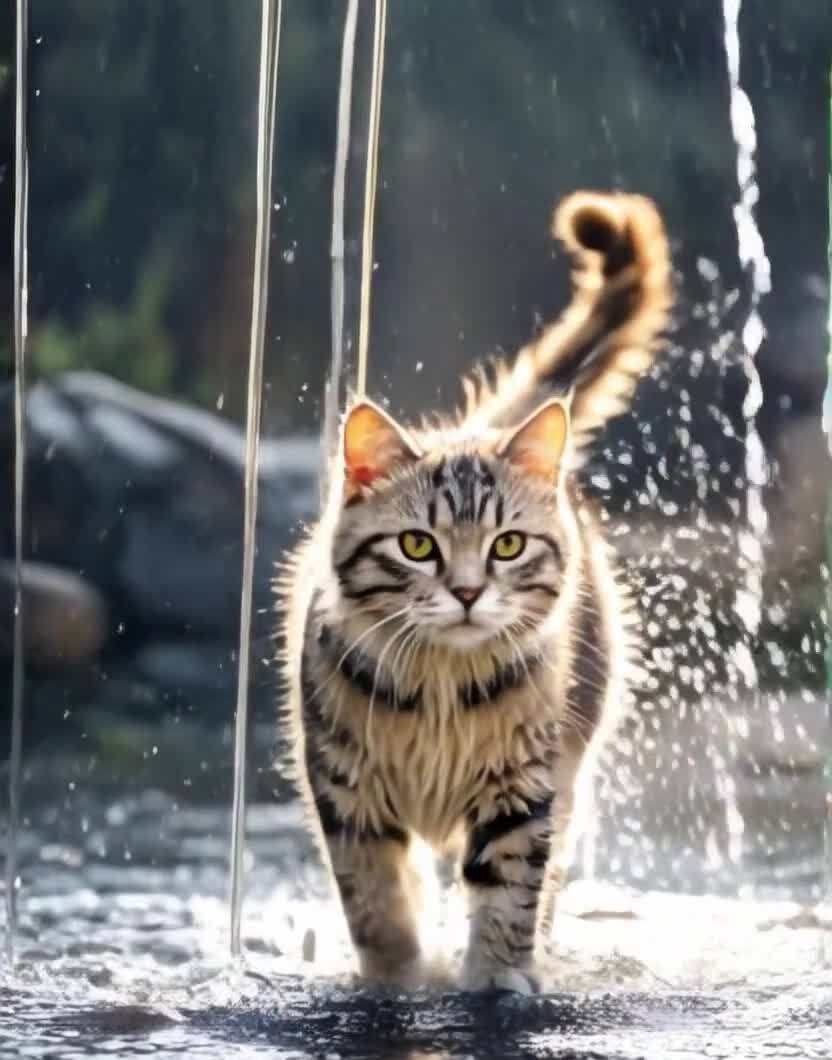 虎斑猫水中漫步，金眸凝视前方