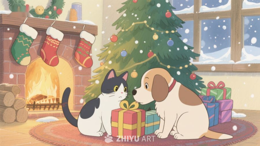 圣诞树下猫狗相伴温馨场景 168