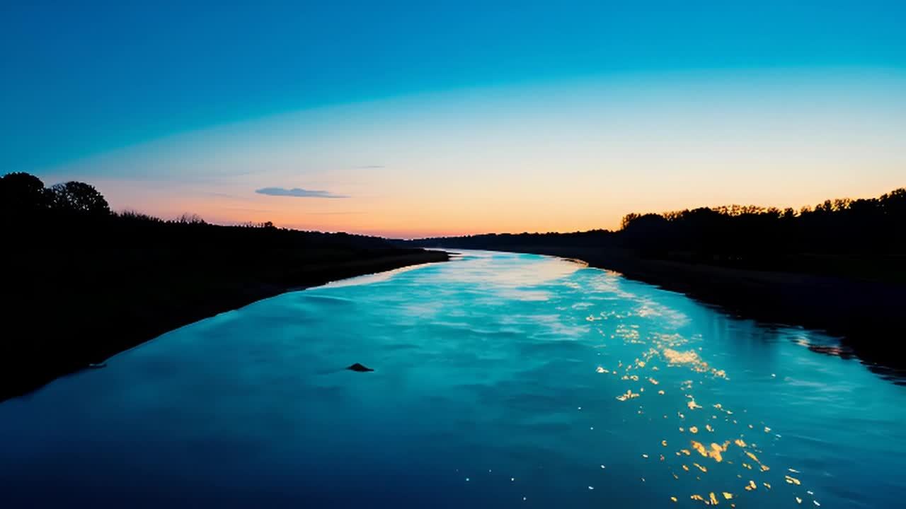 一条宁静的河流蜿蜒穿过一个梦幻般的风景，水面上闪烁
