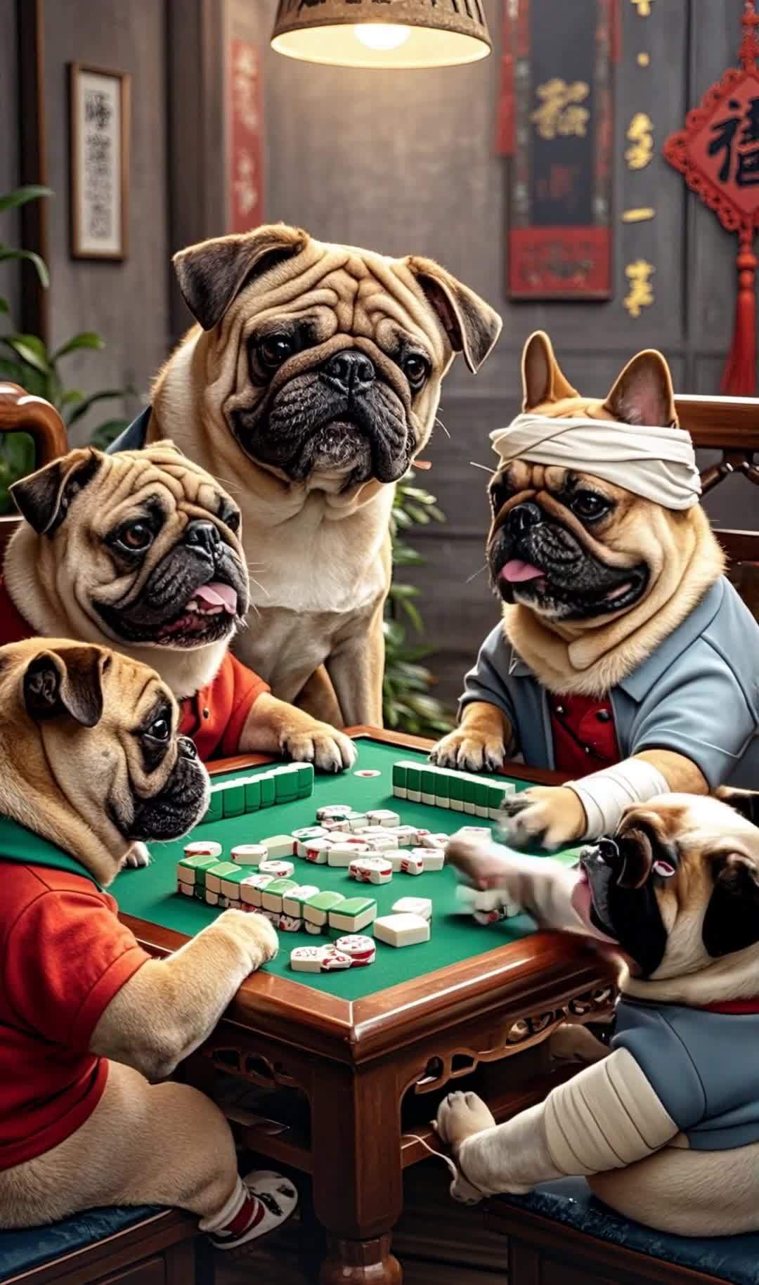 伤犬麻将局：几只狗狗围桌玩麻将