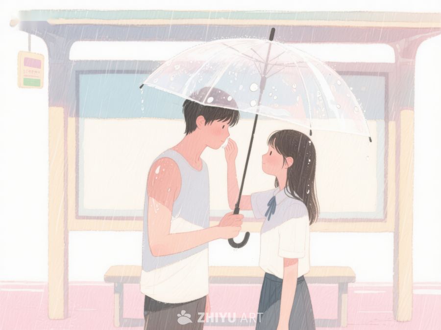 雨中公交站的温馨一幕 1140