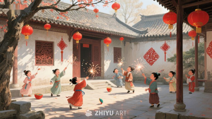 庭院中孩童欢庆传统节日 854