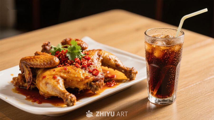香辣烤鸡配冰镇饮料