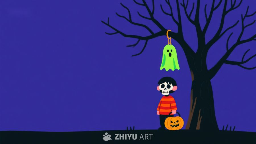 万圣节夜晚，小孩与幽灵树下相遇