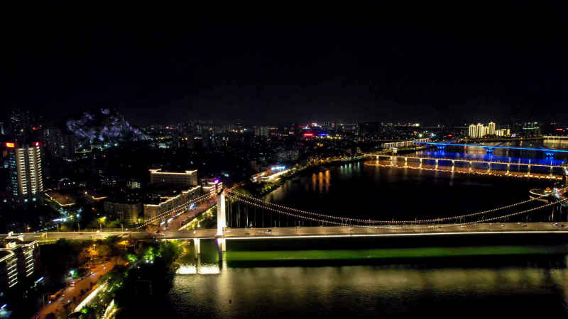 航拍广西柳州红光大桥夜景灯光  