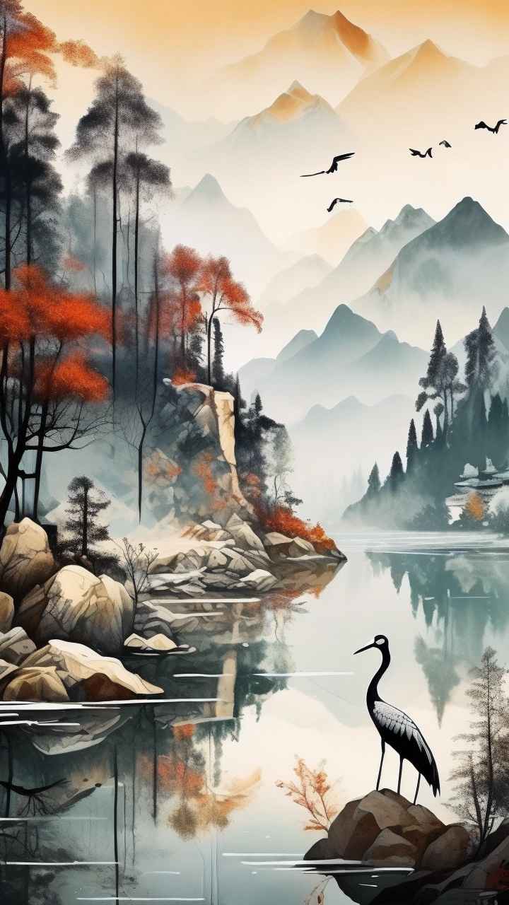 国风山水鹤插画背景 96
