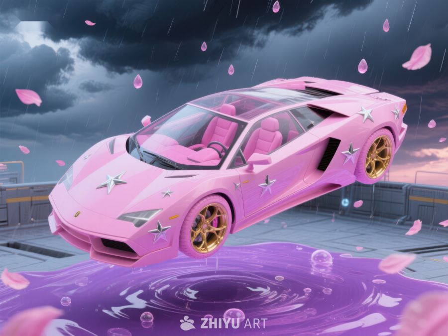 粉色跑车漂浮于紫色水面 35
