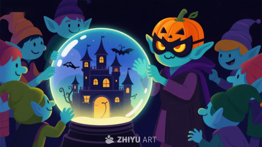 精灵围绕水晶球中的神秘城堡