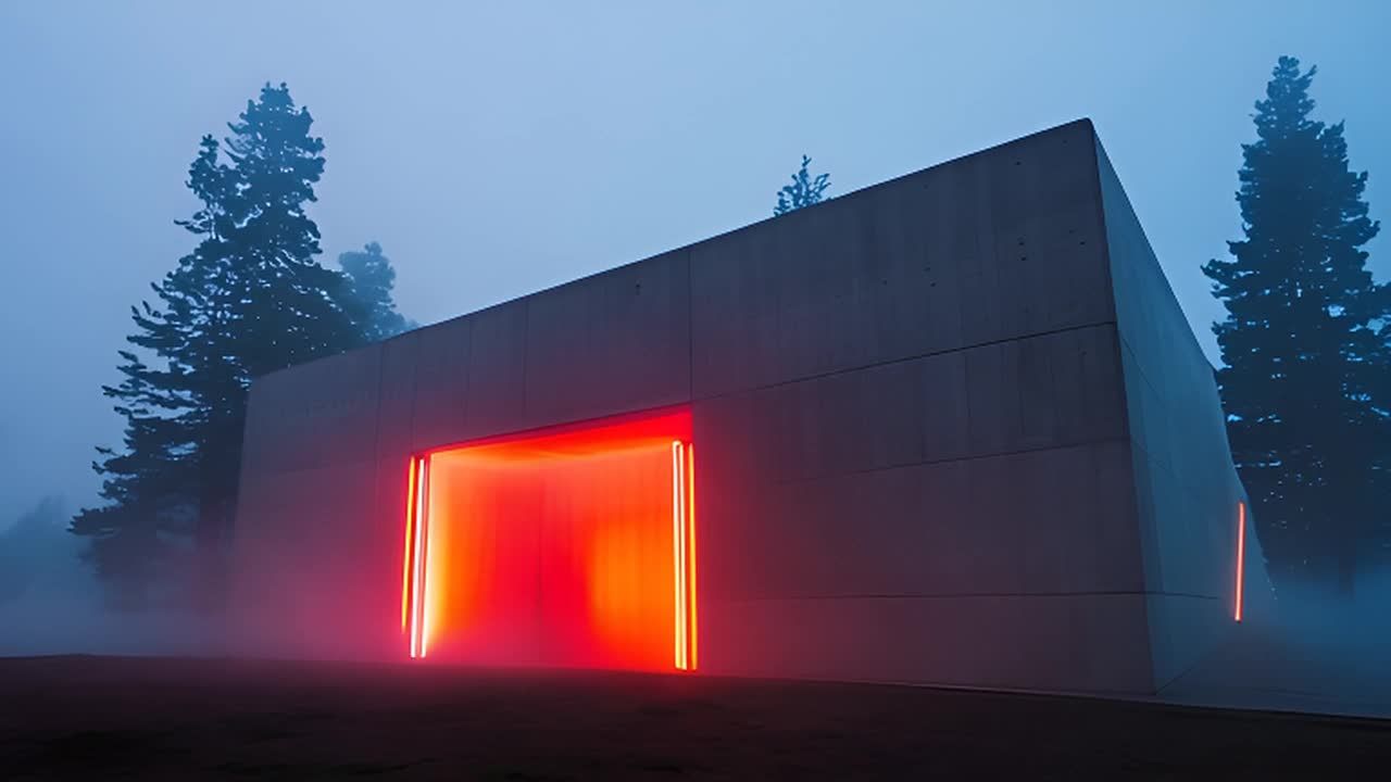 混凝土建筑矗立在雾气缭绕的环境中。周围有几棵高大的