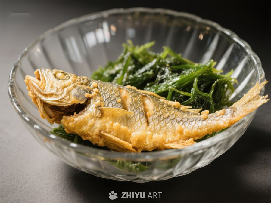 金黄色烤鱼配绿叶蔬菜 356