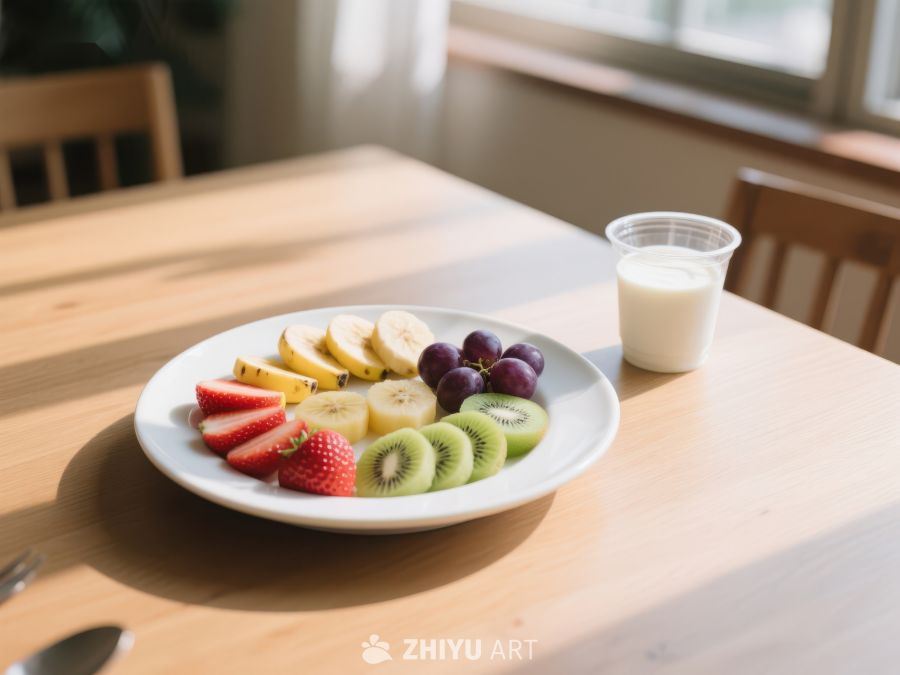 新鲜水果拼盘与牛奶早餐 626