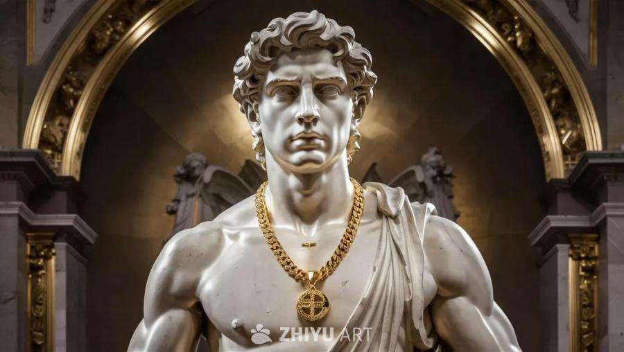 一尊白色雕像，人物有卷曲的头发，佩戴着一条粗大的金