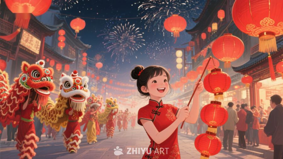 欢庆春节，舞狮与灯笼映衬夜空 383
