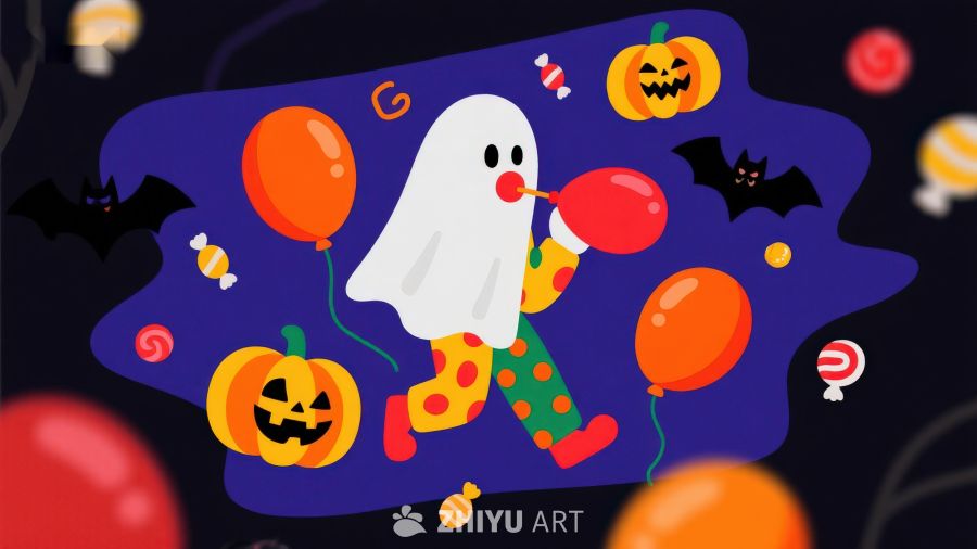 万圣节幽灵手持气球，周围南瓜蝙蝠环绕