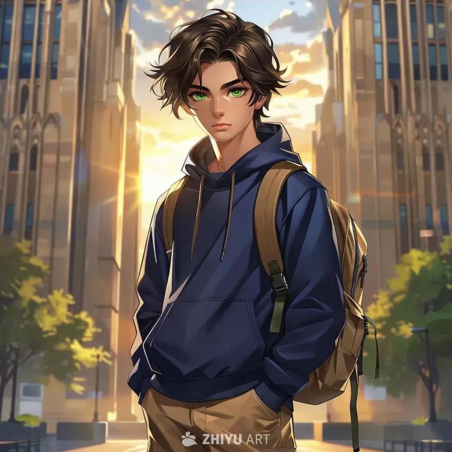 一个16-17岁的少年，有着绿色的冰冷的眼睛，深棕