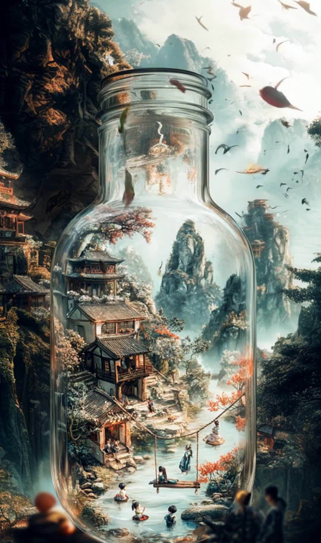 瓶中水墨山水人家与瓶外山景
