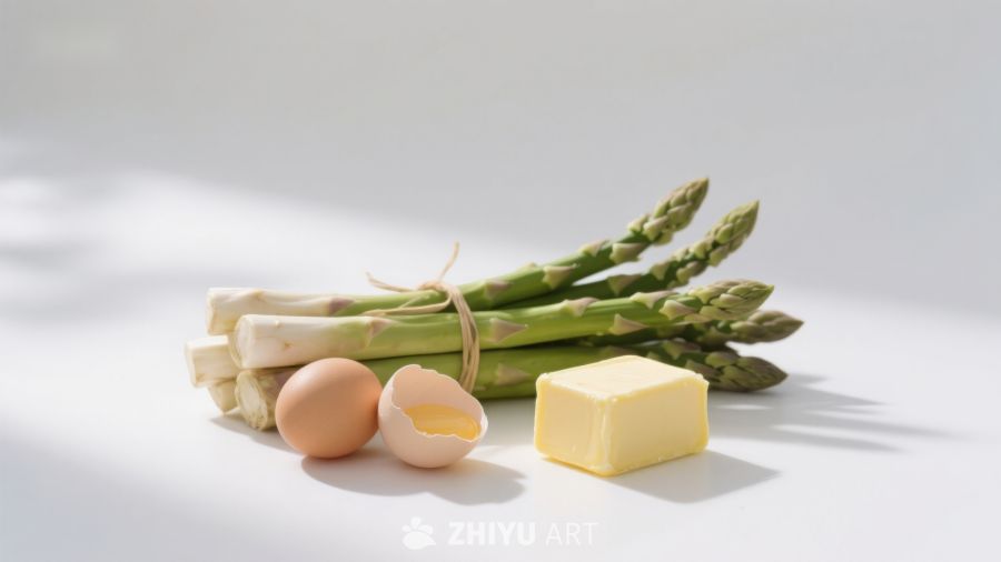 芦笋鸡蛋黄油静物摆拍