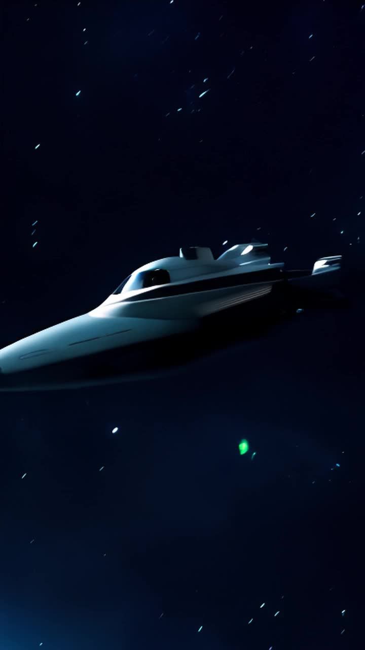 一艘光滑、未来派的宇宙飞船在充满星星的黑暗虚空中滑
