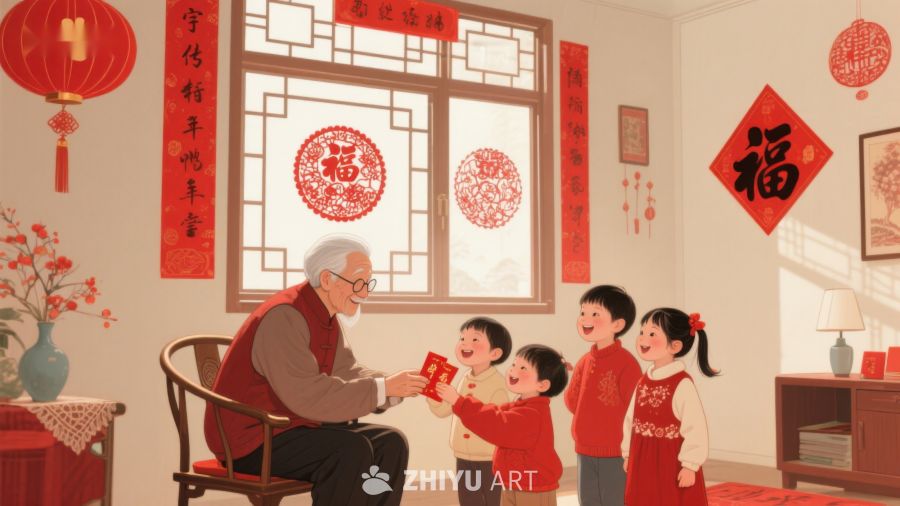 爷爷给孩子们发红包，欢庆新年 1177
