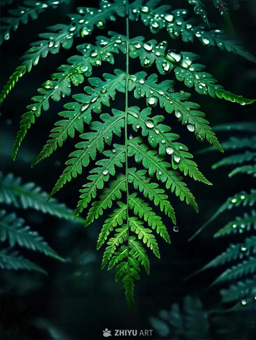 绿色蕨类植物叶子的特写照片，主题是深色的，叶子上布